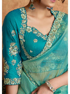 Green Zari Organza Satin Woven Work Party Wear Saree