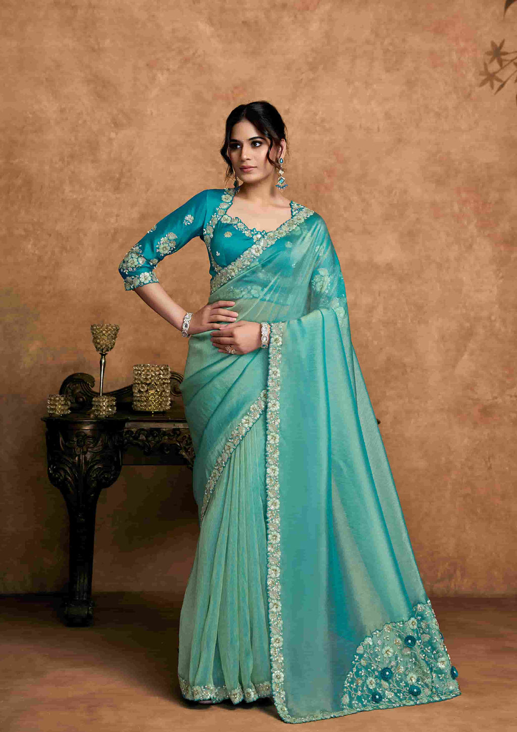 Friroji Zari Organza Satin Party Wear Saree with Unstitched Blouse