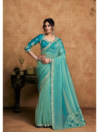 Green Zari Organza Satin Woven Work Party Wear Saree