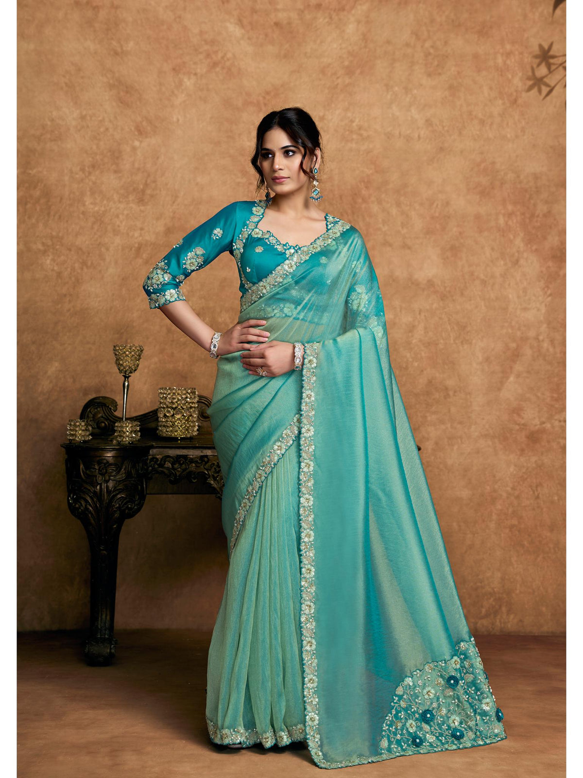 Green Zari Organza Satin Woven Work Party Wear Saree