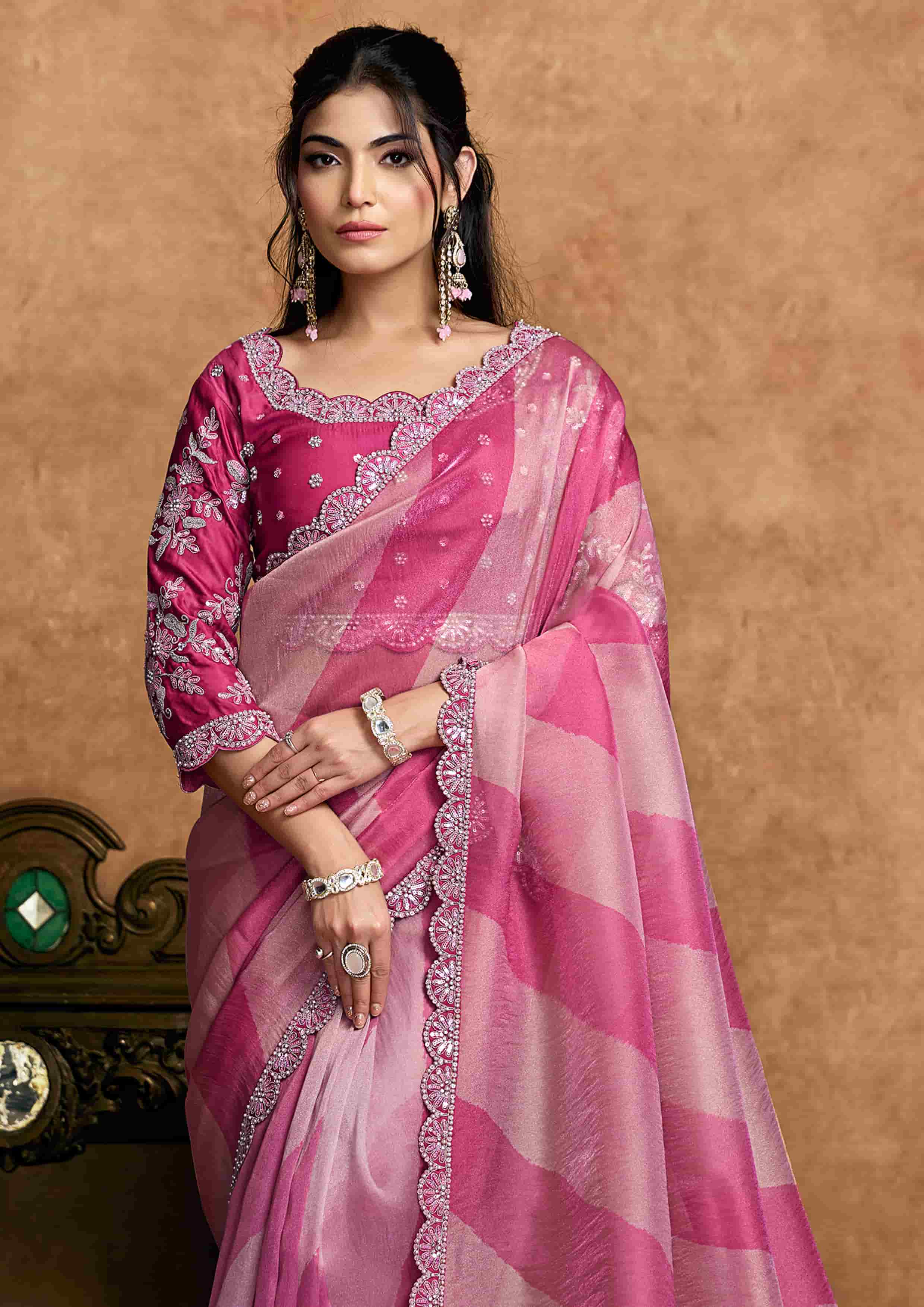 Blush Pink Floral Party Wear Saree with Embroidered Border