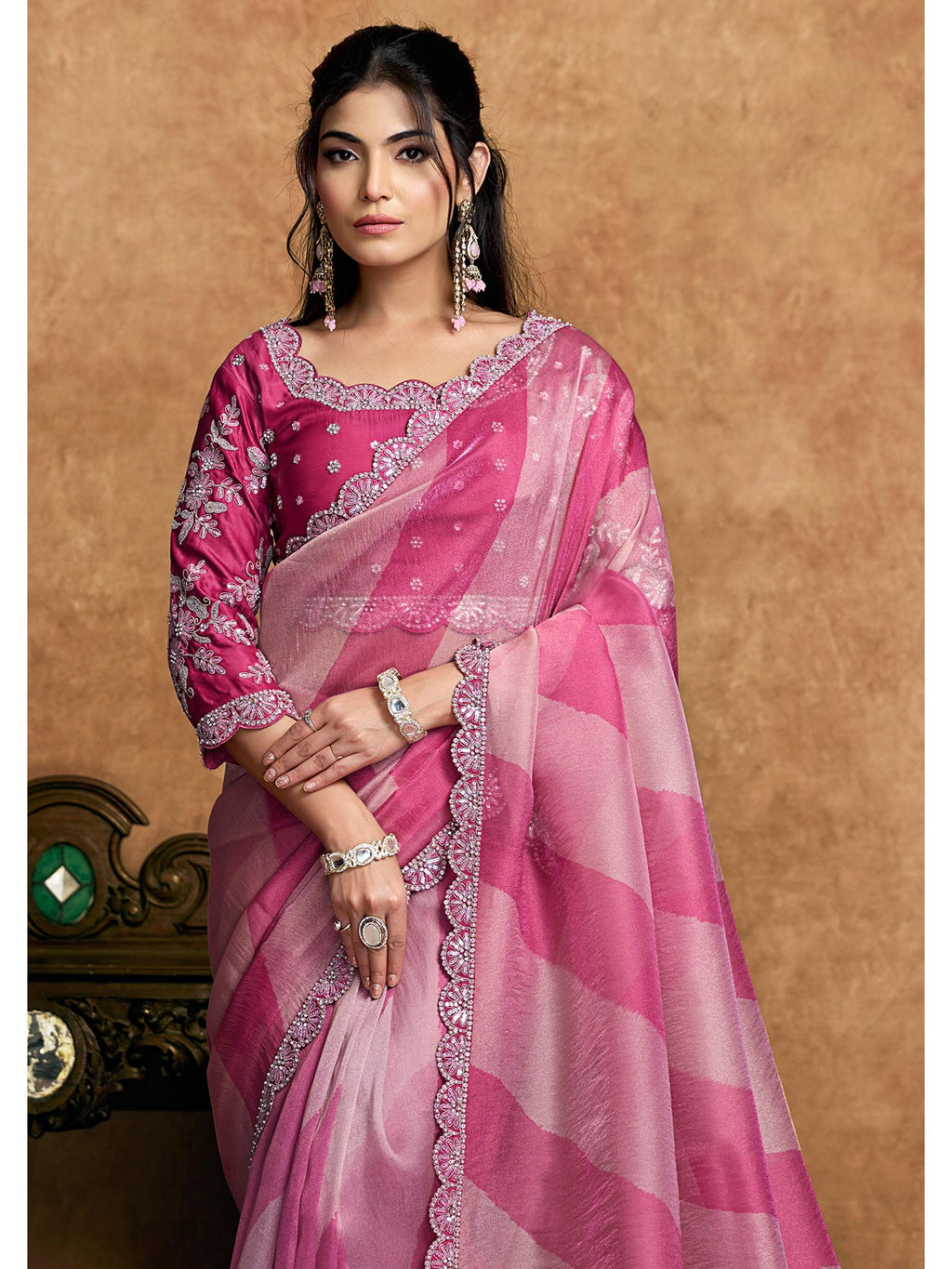 Pink Organza Satin Woven Work Party Wear Saree