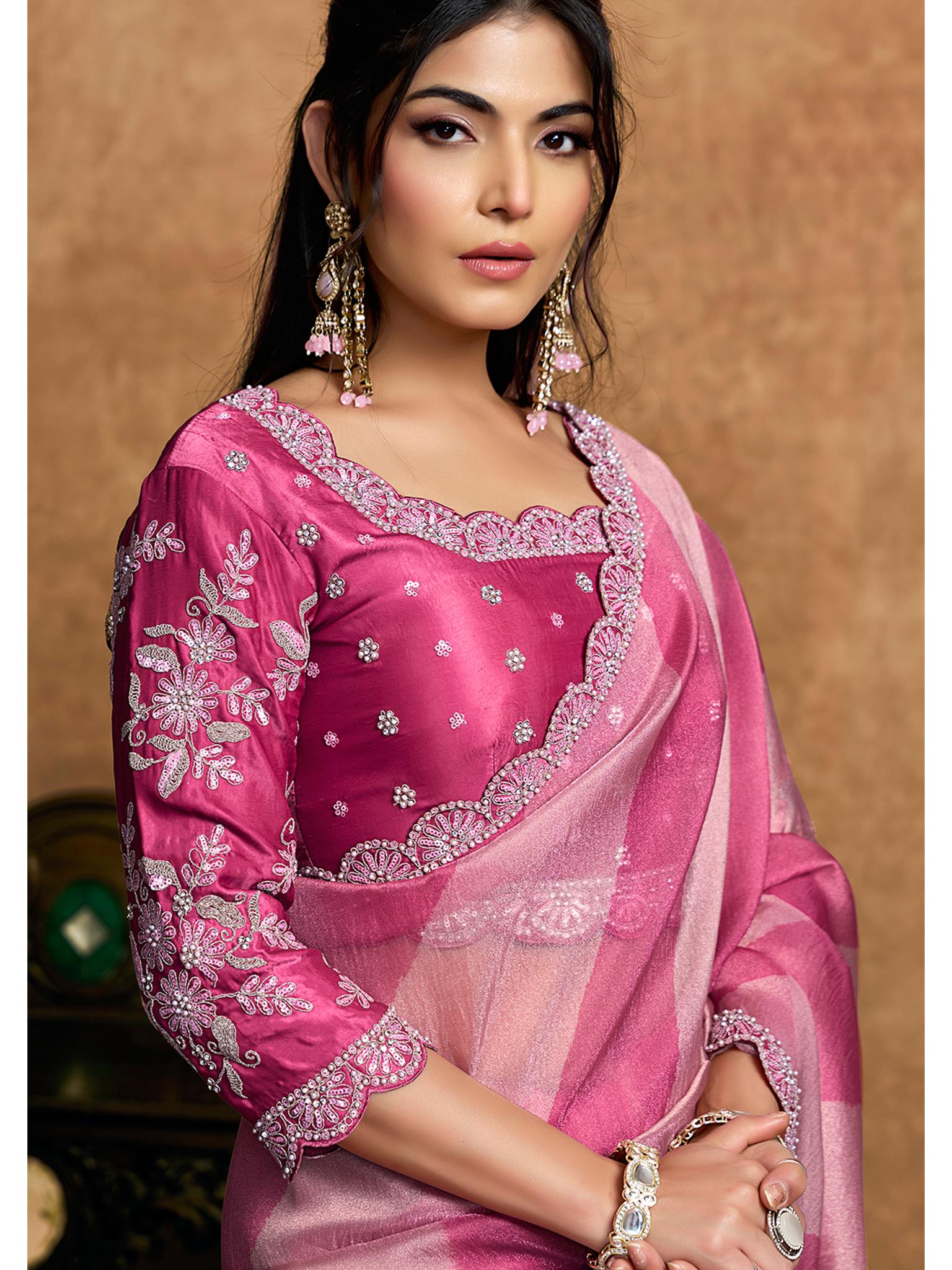 Pink Organza Satin Woven Work Party Wear Saree