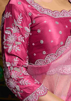 Blush Pink Floral Party Wear Saree with Embroidered Border