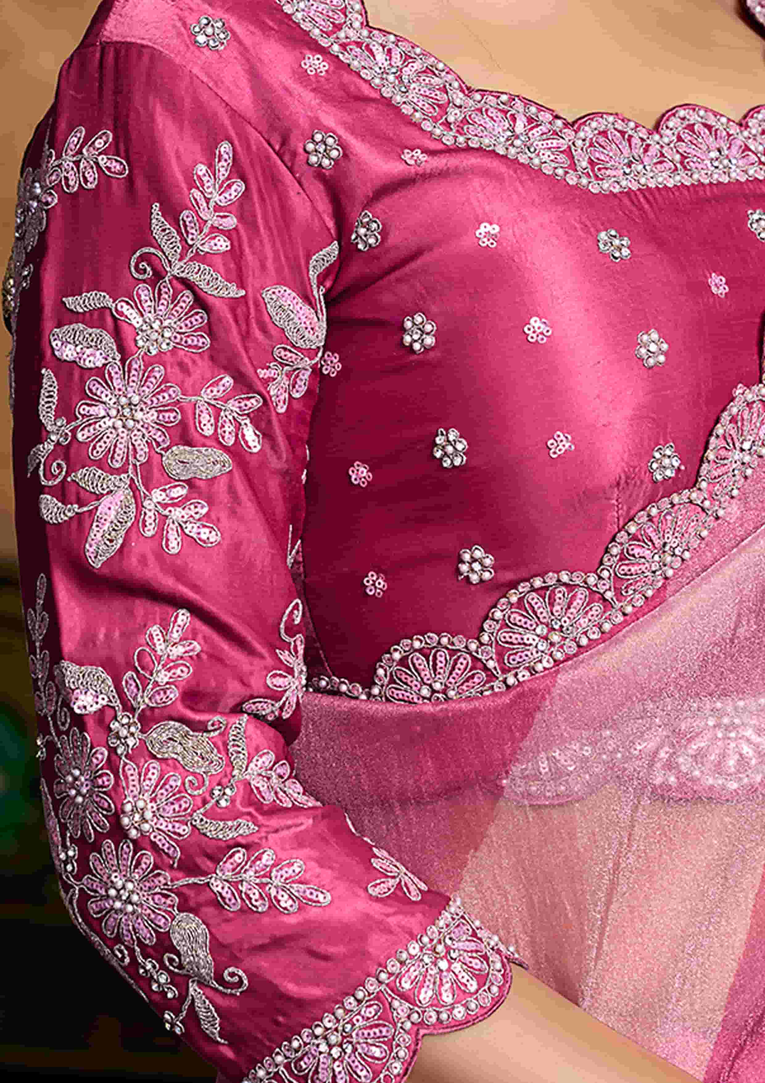 Blush Pink Floral Party Wear Saree with Embroidered Border