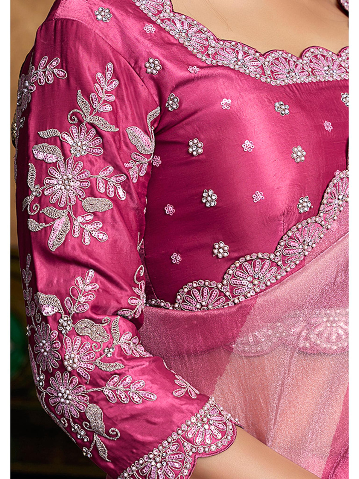 Pink Organza Satin Woven Work Party Wear Saree