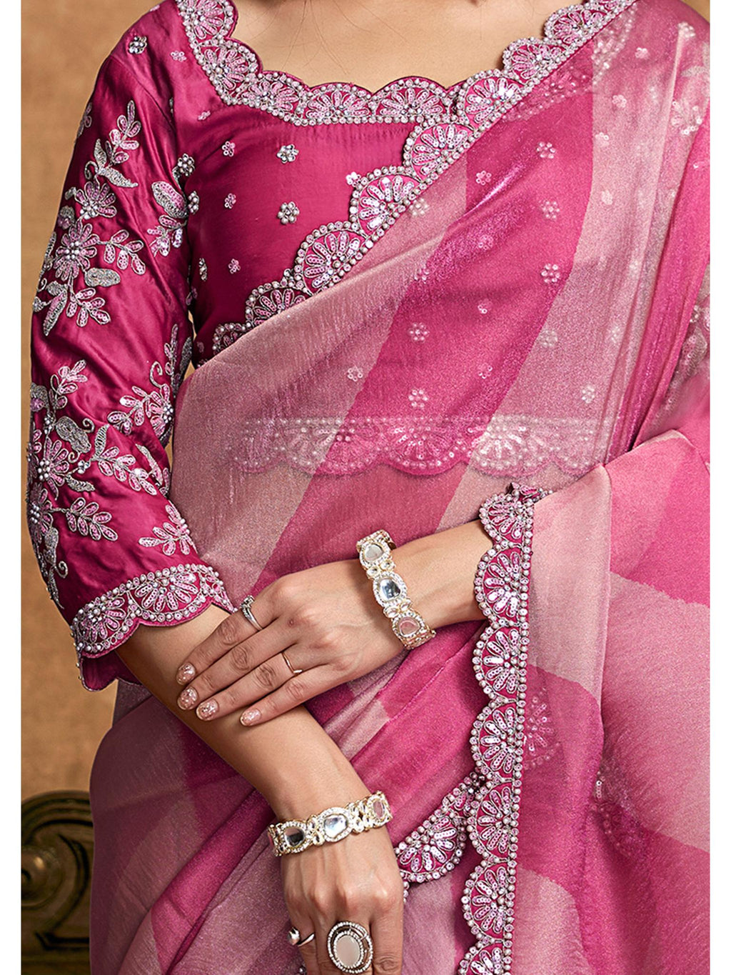 Pink Organza Satin Woven Work Party Wear Saree