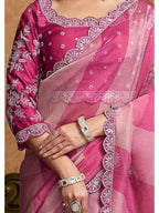 Pink Organza Satin Woven Work Party Wear Saree