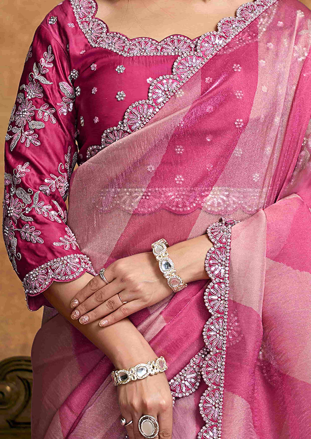 Blush Pink Floral Party Wear Saree with Embroidered Border