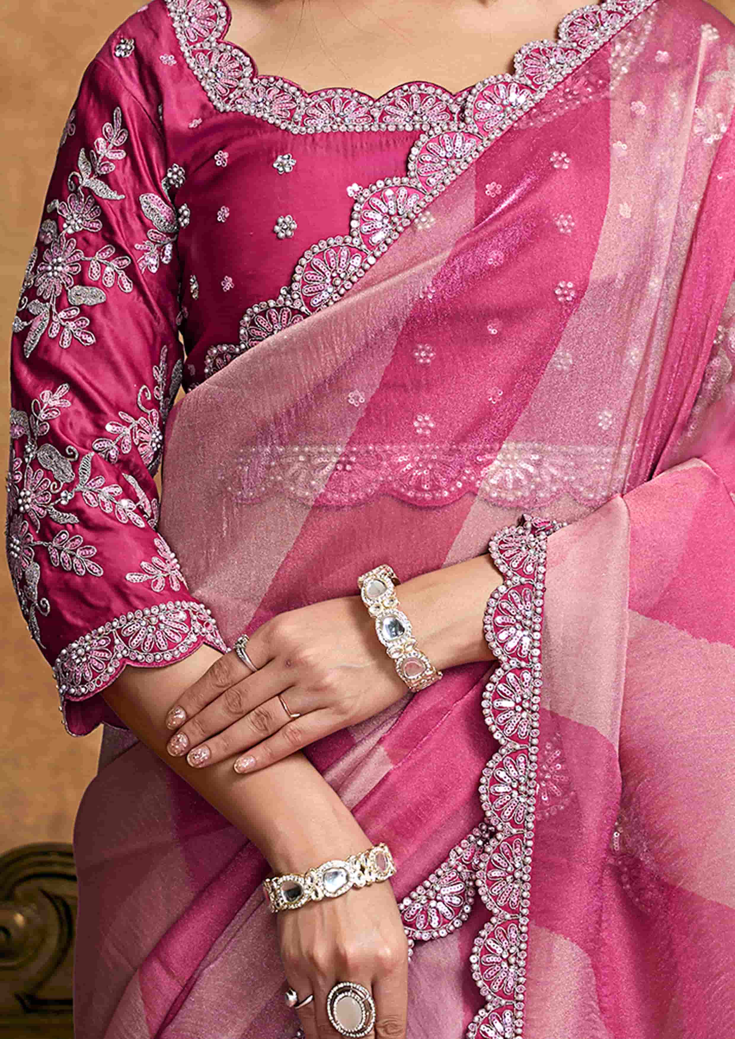 Blush Pink Floral Party Wear Saree with Embroidered Border