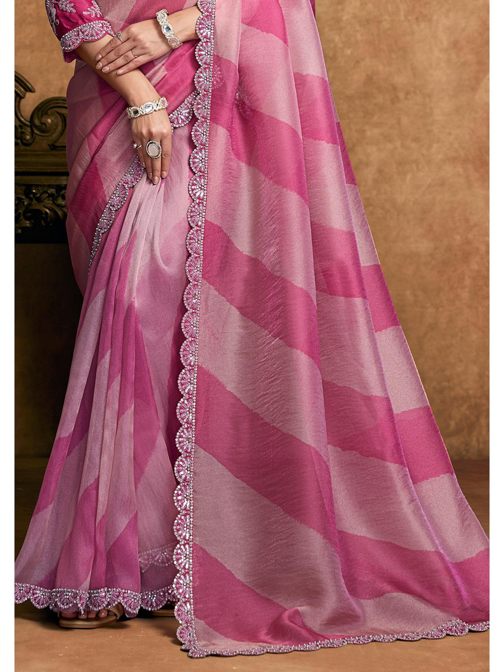Pink Organza Satin Woven Work Party Wear Saree