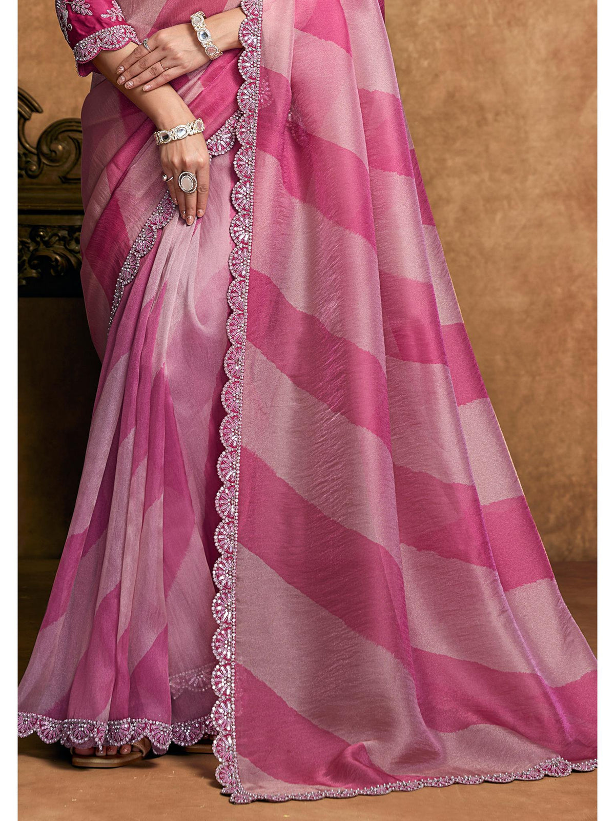 Pink Organza Satin Woven Work Party Wear Saree
