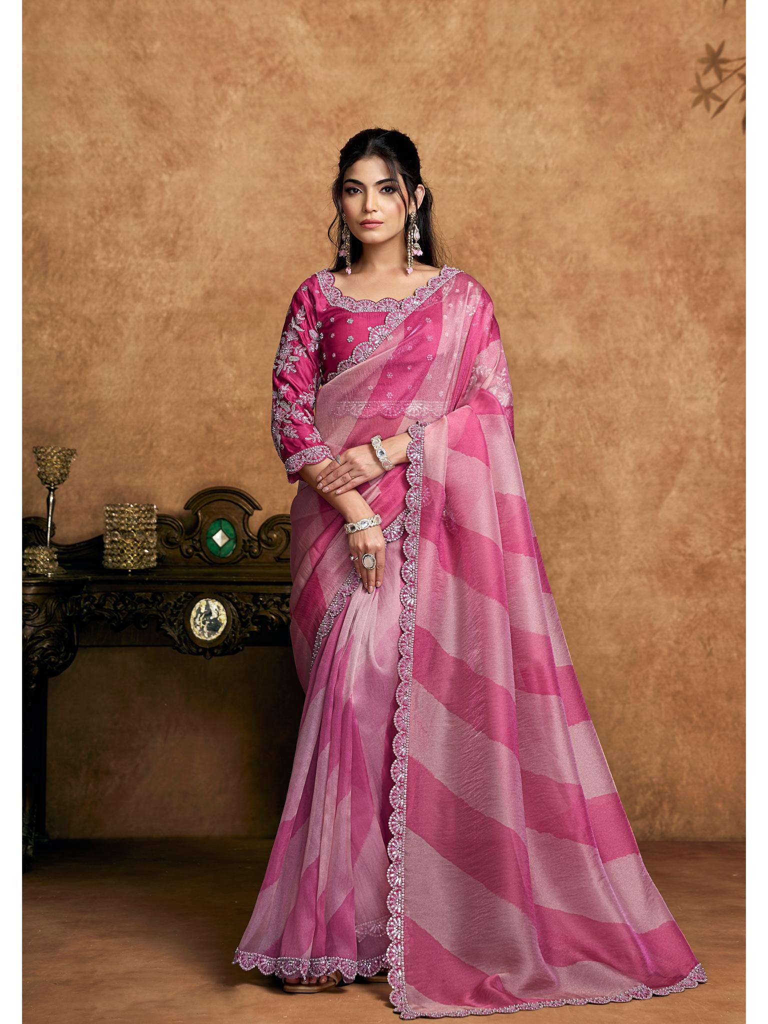 Pink Organza Satin Woven Work Party Wear Saree