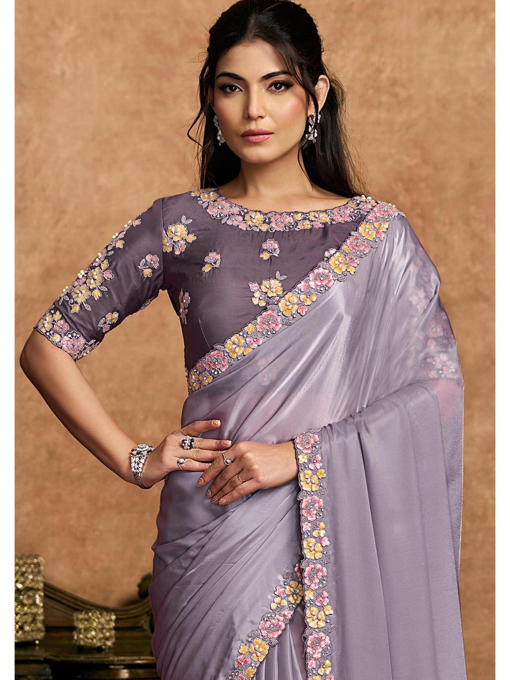Purple Pure Crepe Satin Thread Embroidered Saree