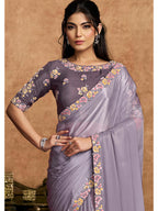 Purple Pure Crepe Satin Thread Embroidered Saree