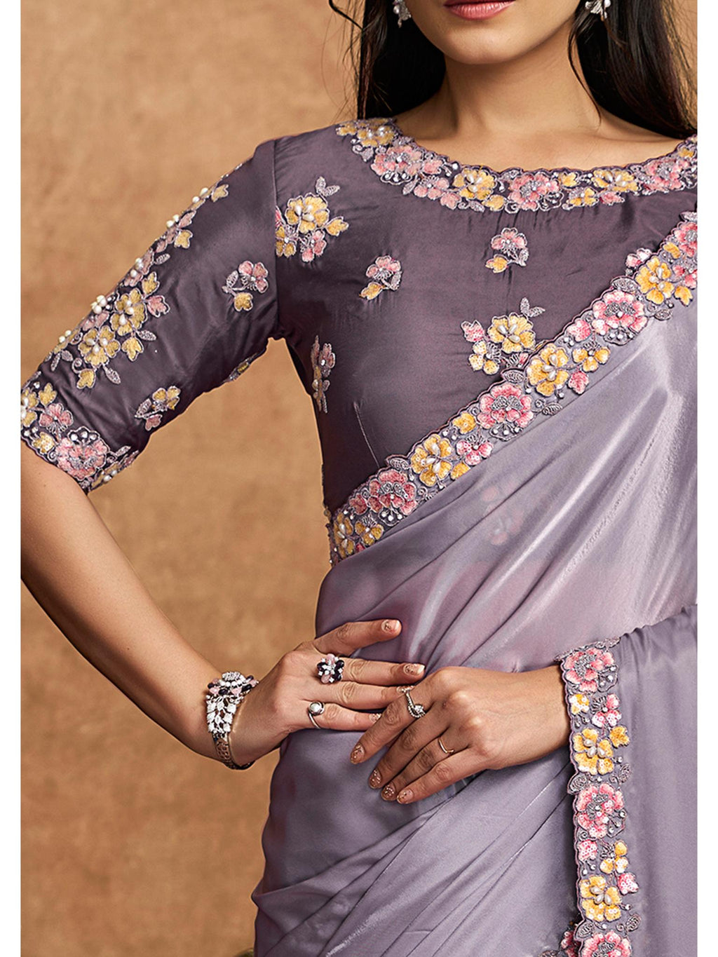 Purple Pure Crepe Satin Thread Embroidered Saree