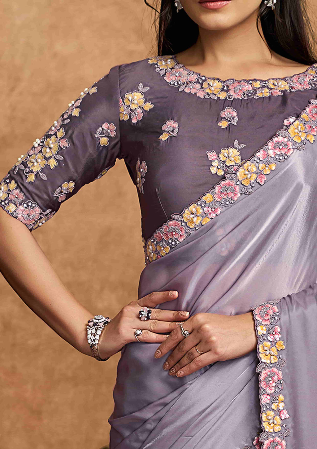 Lavender Pure Crepe Satin Premium Fabric Work Party Wear Saree