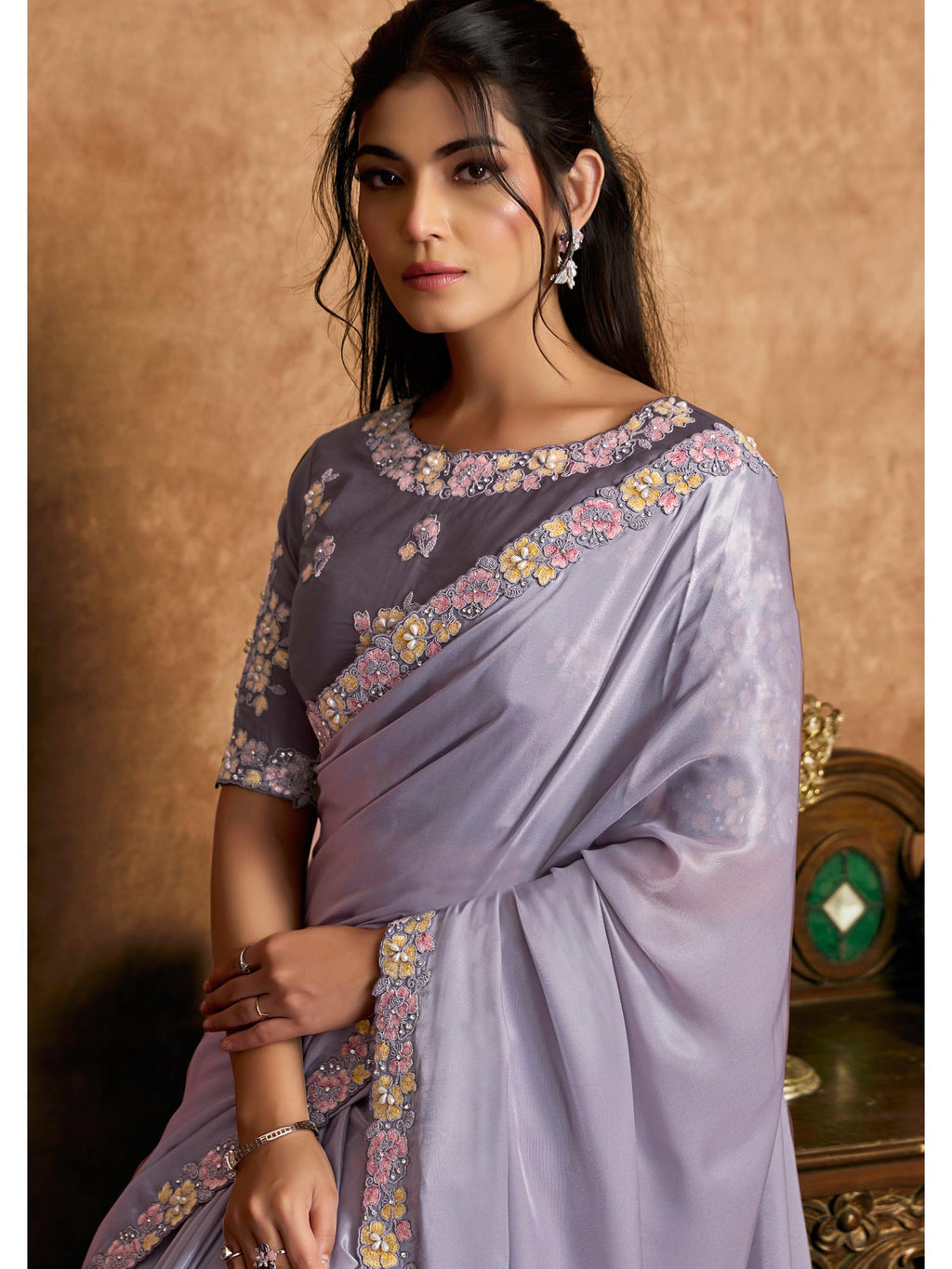Purple Pure Crepe Satin Thread Embroidered Saree