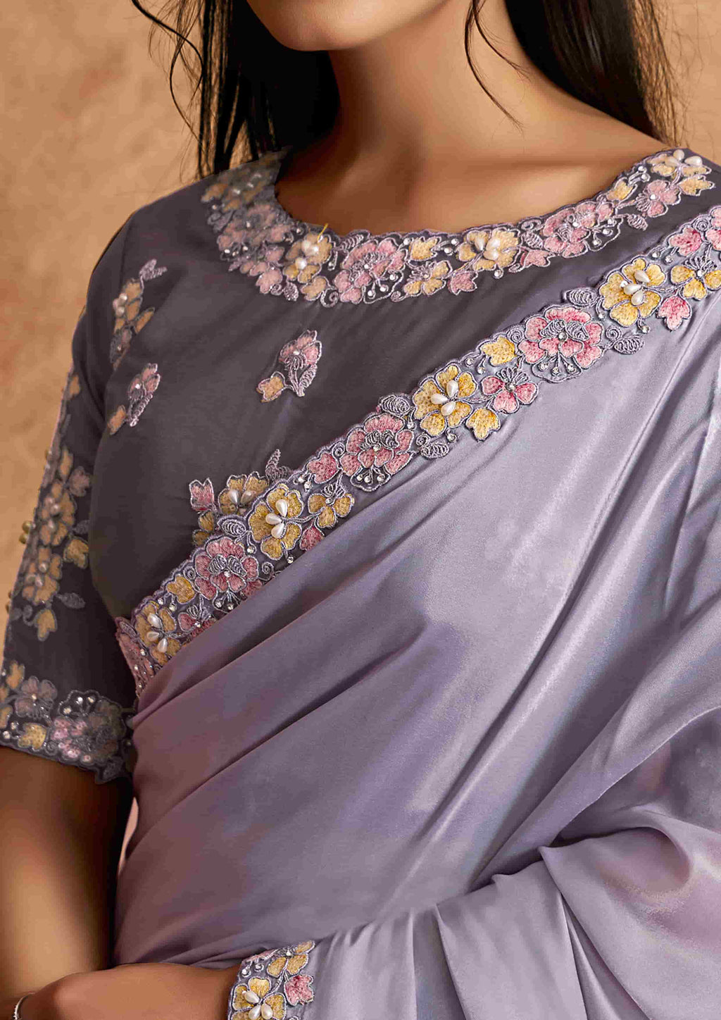 Lavender Pure Crepe Satin Premium Fabric Work Party Wear Saree