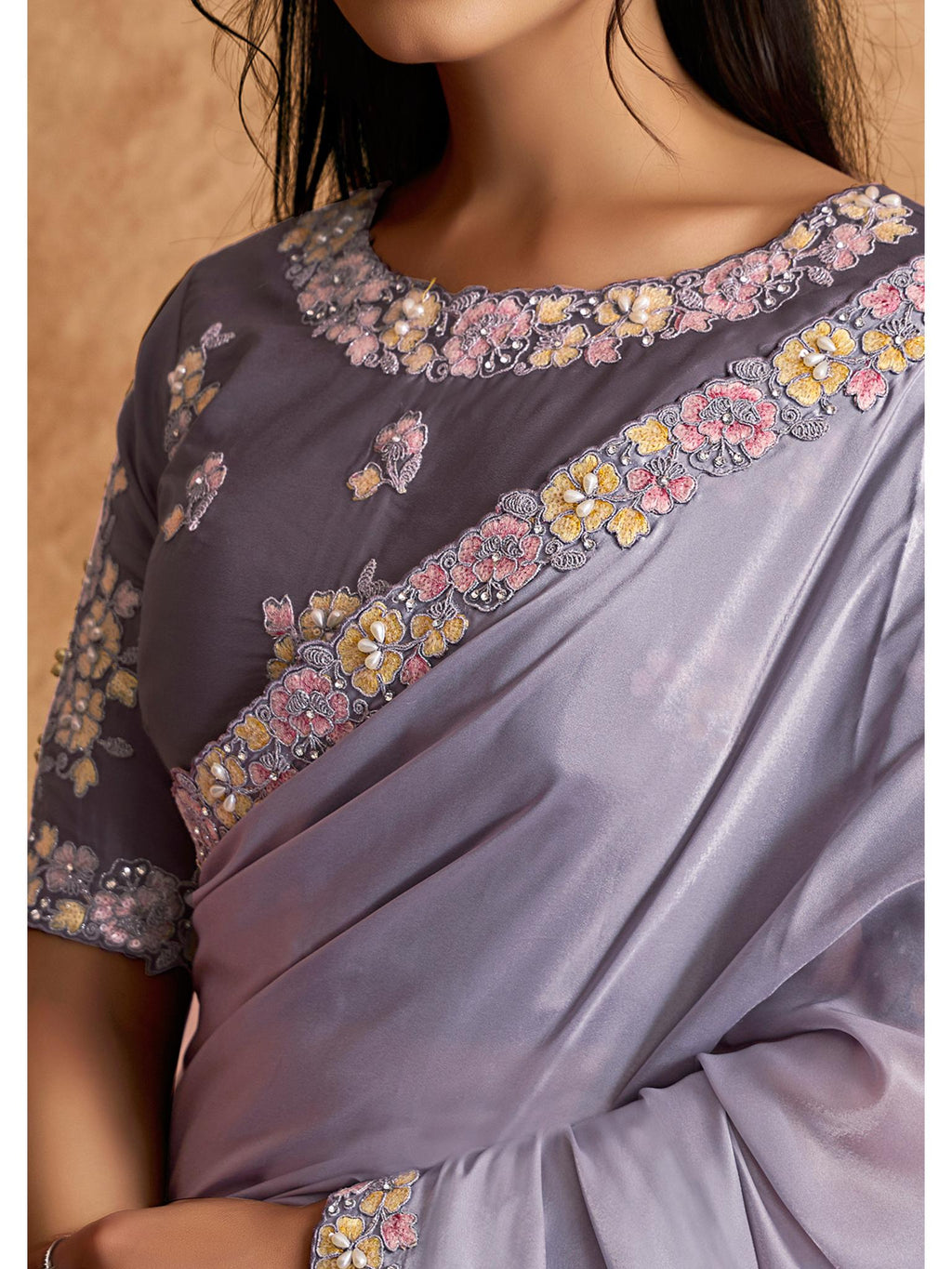 Purple Pure Crepe Satin Thread Embroidered Saree