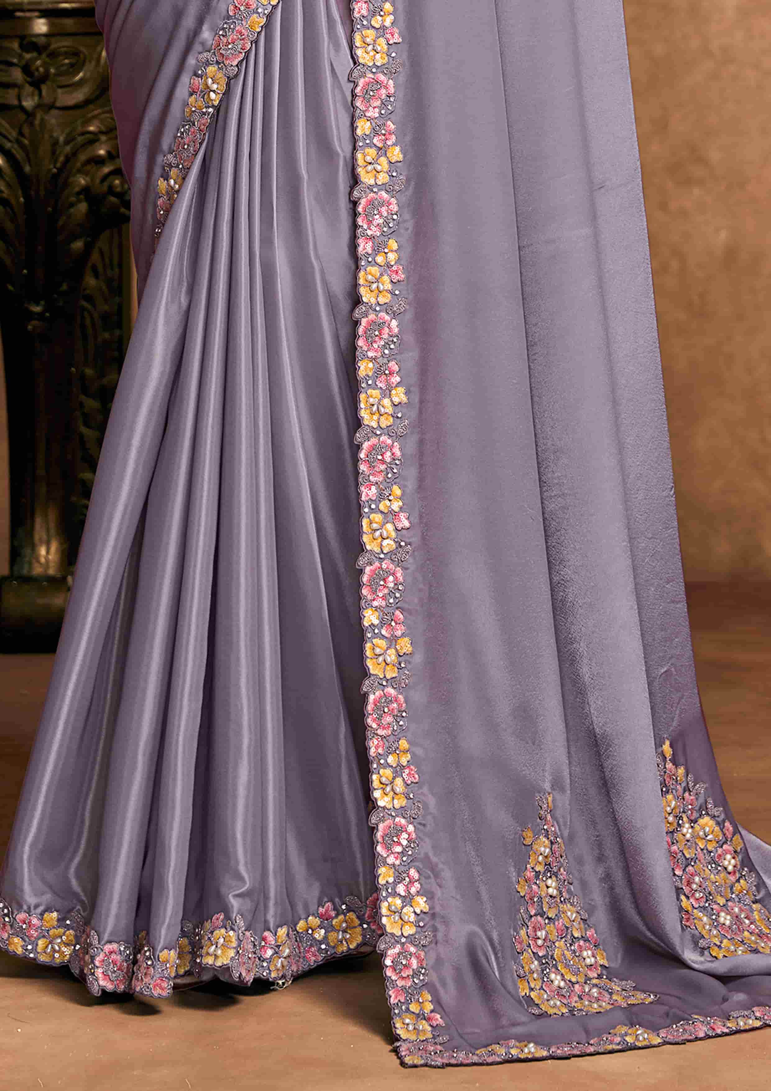 Lavender Pure Crepe Satin Premium Fabric Work Party Wear Saree