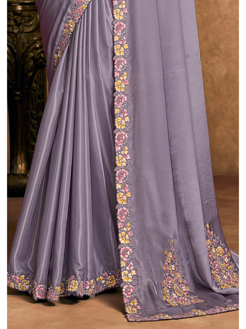 Purple Pure Crepe Satin Thread Embroidered Saree