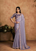 Light Purple Pure Crepe Satin Party Wear Saree with Unstitched Blouse