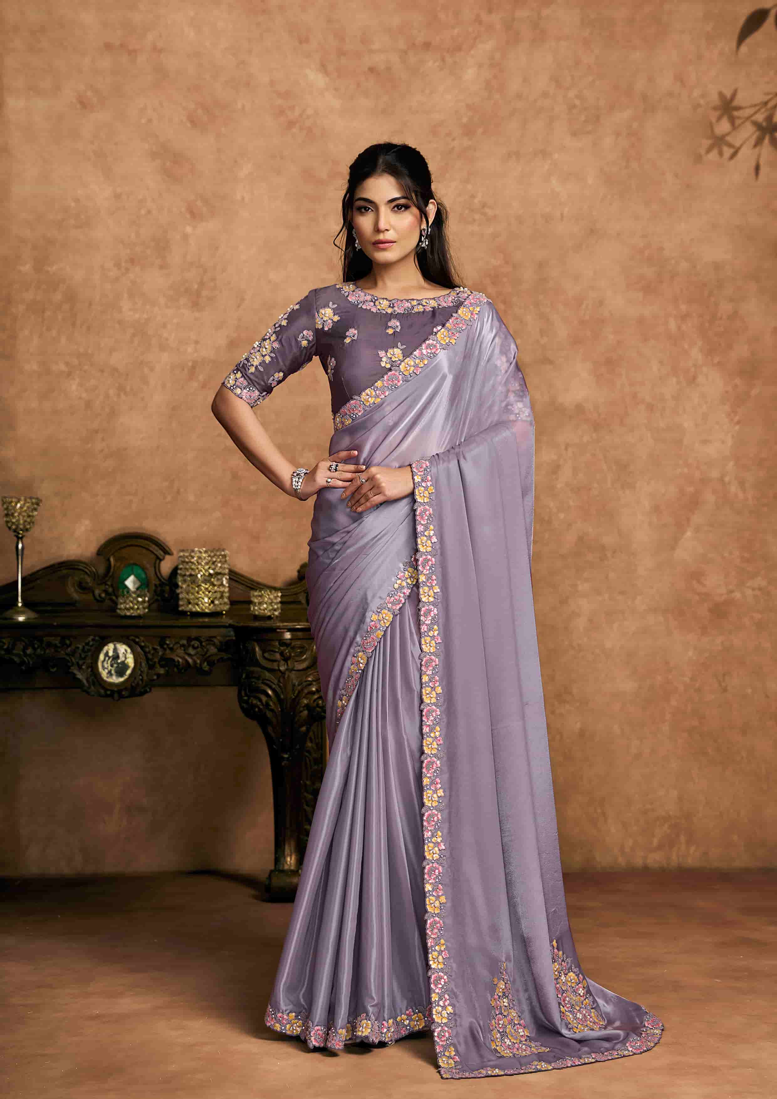 Lavender Pure Crepe Satin Premium Fabric Work Party Wear Saree