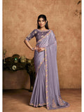 Purple Pure Crepe Satin Thread Embroidered Saree