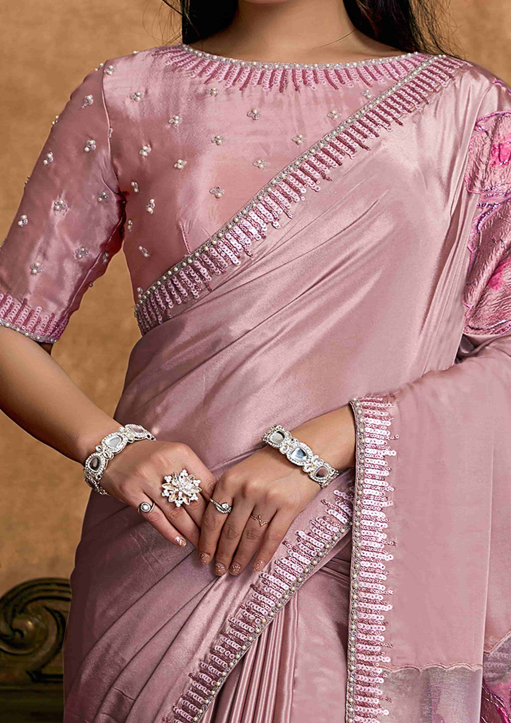 Candy Pink Jacquard Party Wear Saree with Sequin Embroidery