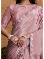 Pink Pure Crepe Double Weave Jacquard Sequin Embroidered Saree