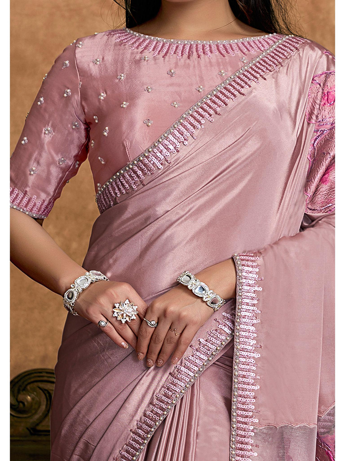 Pink Pure Crepe Double Weave Jacquard Sequin Embroidered Saree
