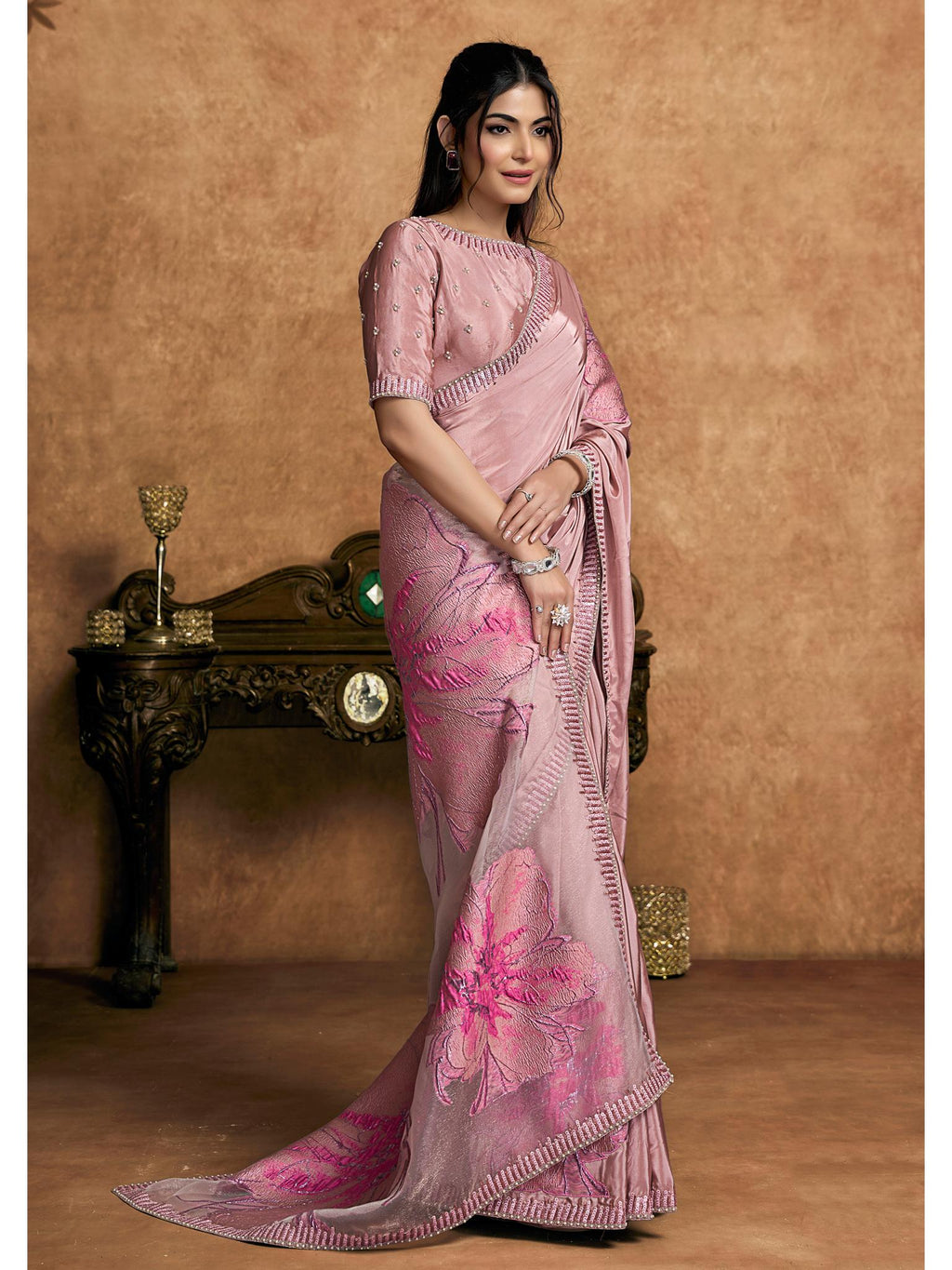 Pink Pure Crepe Double Weave Jacquard Sequin Embroidered Saree