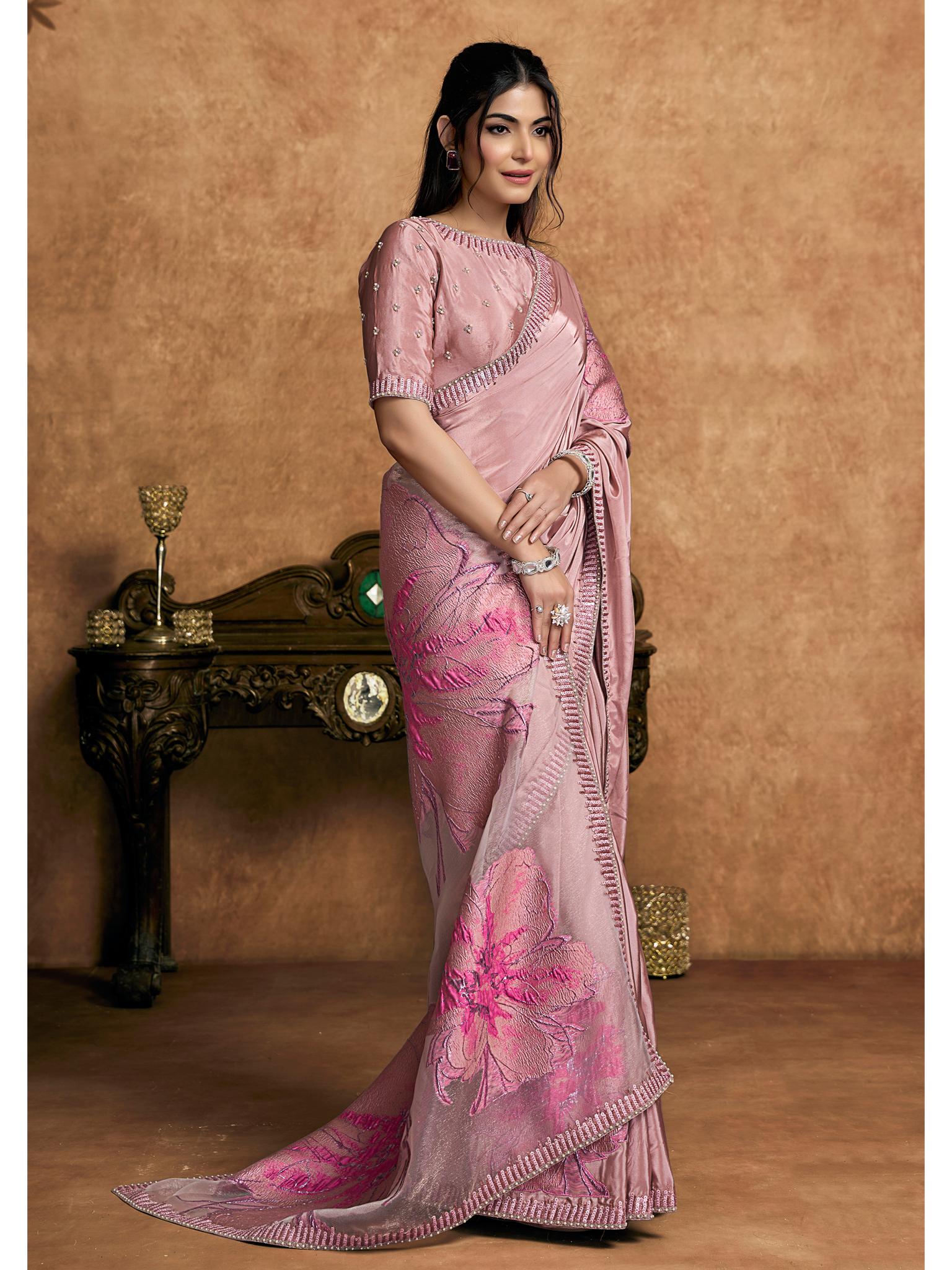 Pink Pure Crepe Double Weave Jacquard Sequin Embroidered Saree