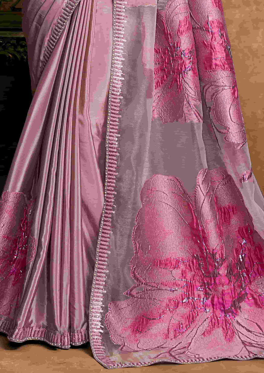 Candy Pink Jacquard Party Wear Saree with Sequin Embroidery