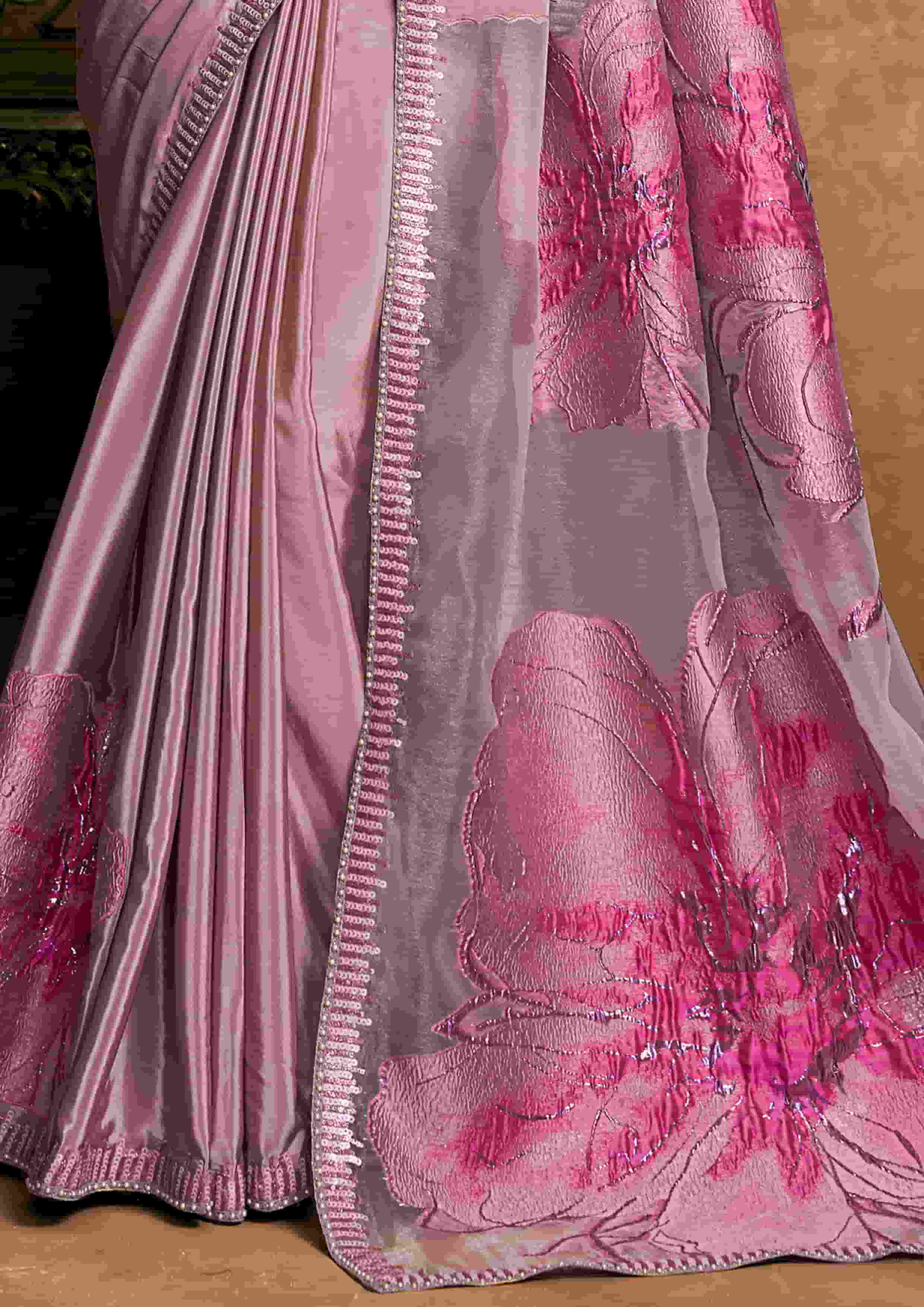 Candy Pink Jacquard Party Wear Saree with Sequin Embroidery