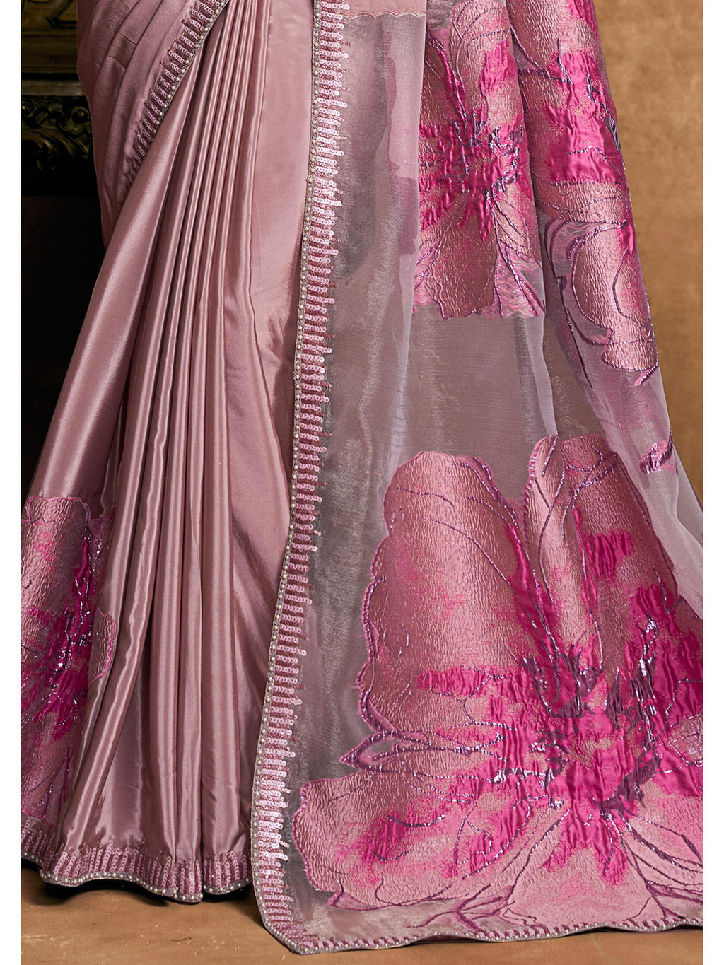 Pink Pure Crepe Double Weave Jacquard Sequin Embroidered Saree