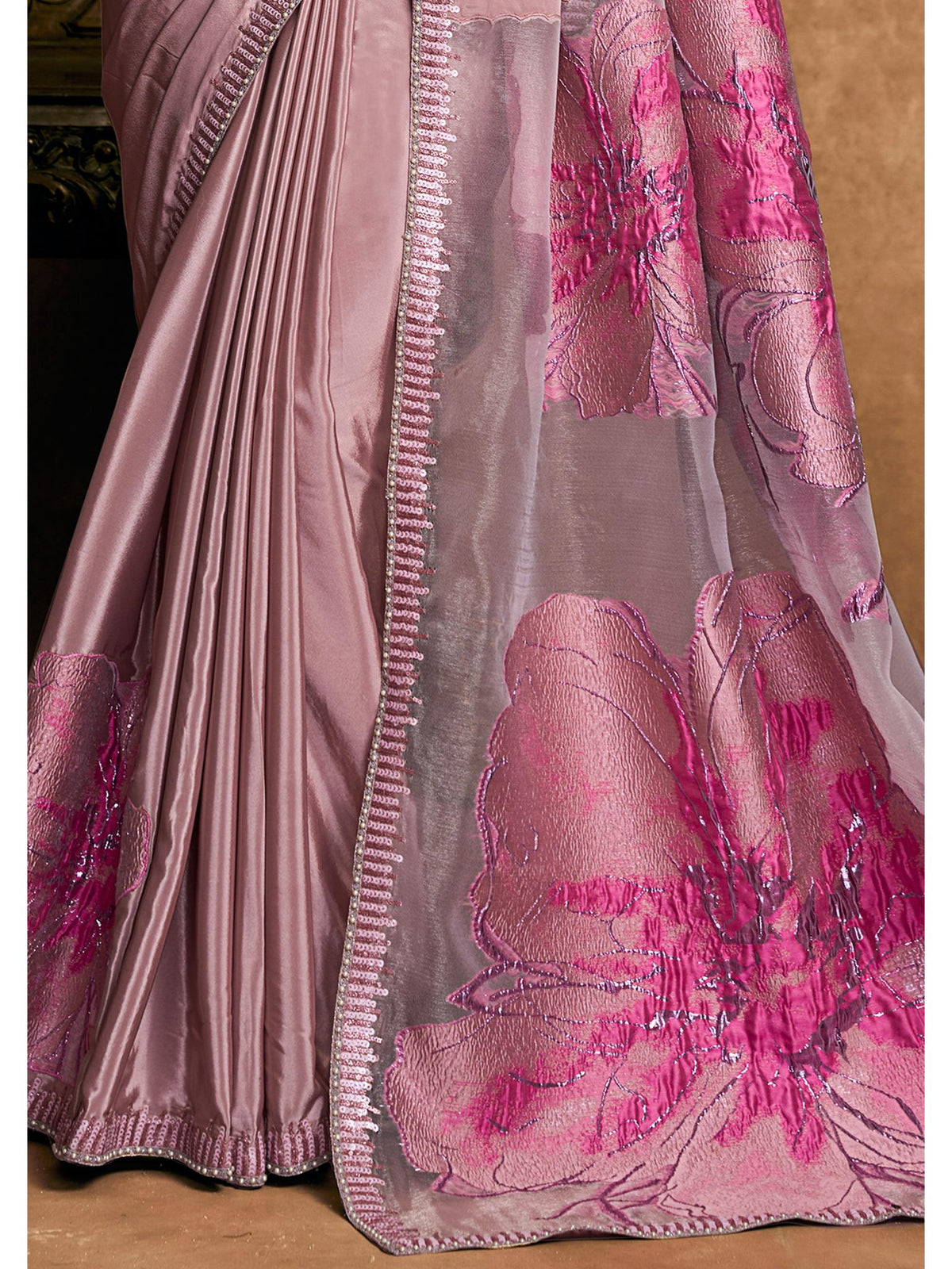 Pink Pure Crepe Double Weave Jacquard Sequin Embroidered Saree