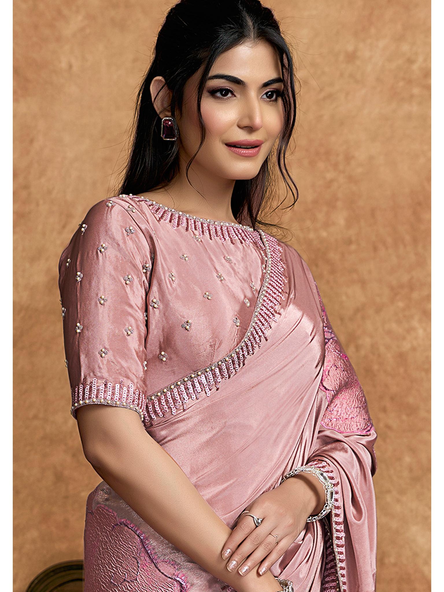Pink Pure Crepe Double Weave Jacquard Sequin Embroidered Saree
