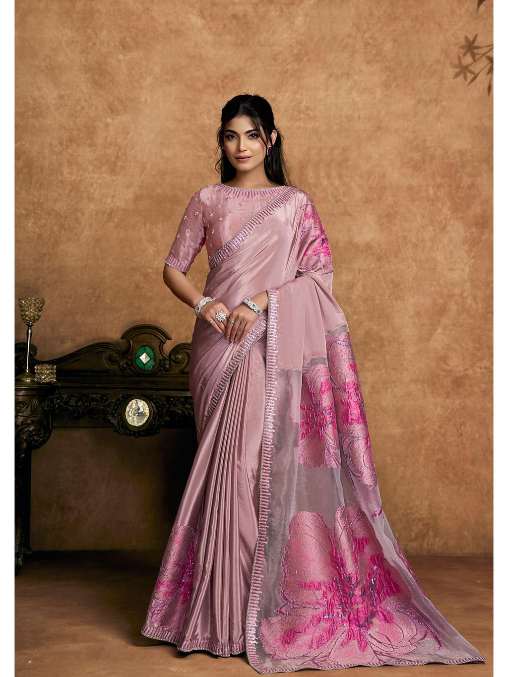 Pink Pure Crepe Double Weave Jacquard Sequin Embroidered Saree