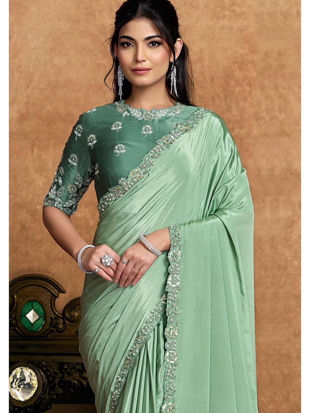 Pista Green Pure Crepe Satin Sequin Embroidered Saree