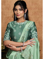 Pista Green Pure Crepe Satin Sequin Embroidered Saree