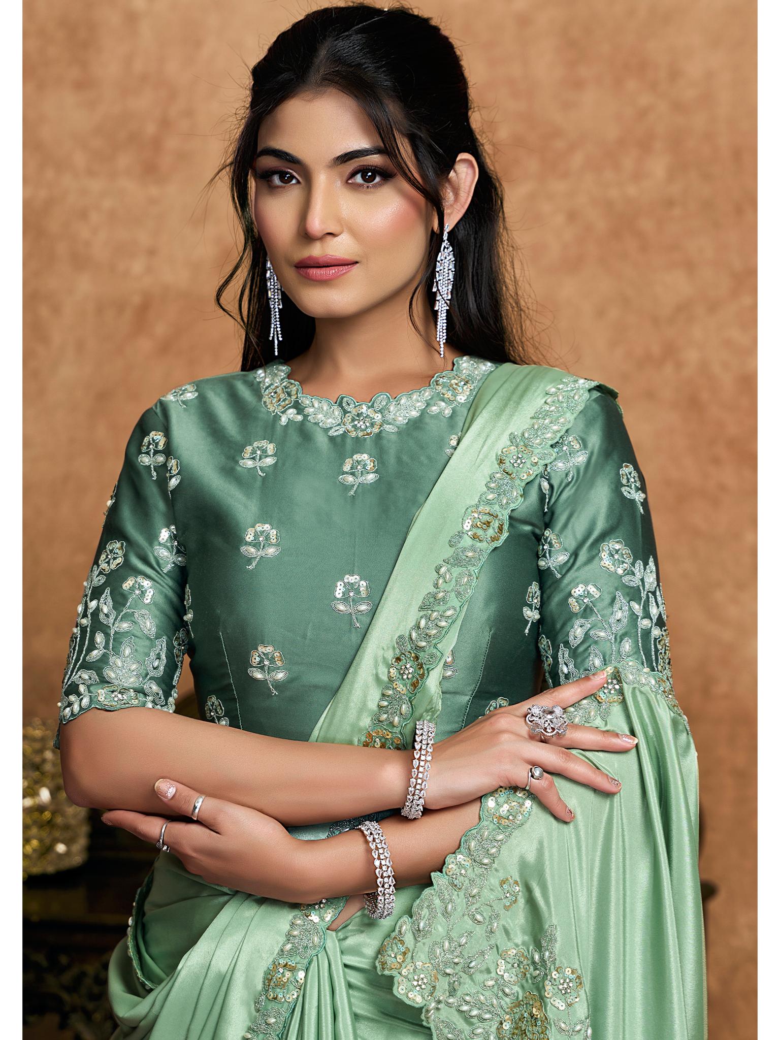 Pista Green Pure Crepe Satin Sequin Embroidered Saree