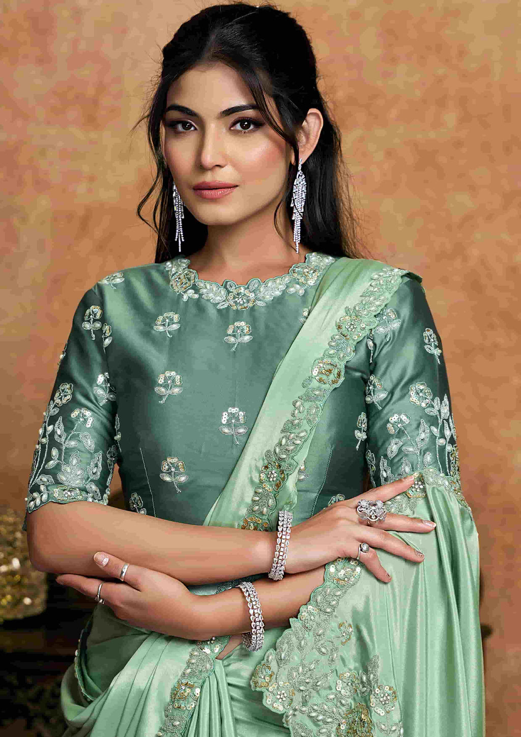 Blue Pure Crepe Satin Premium Fabric Work Party Wear Saree