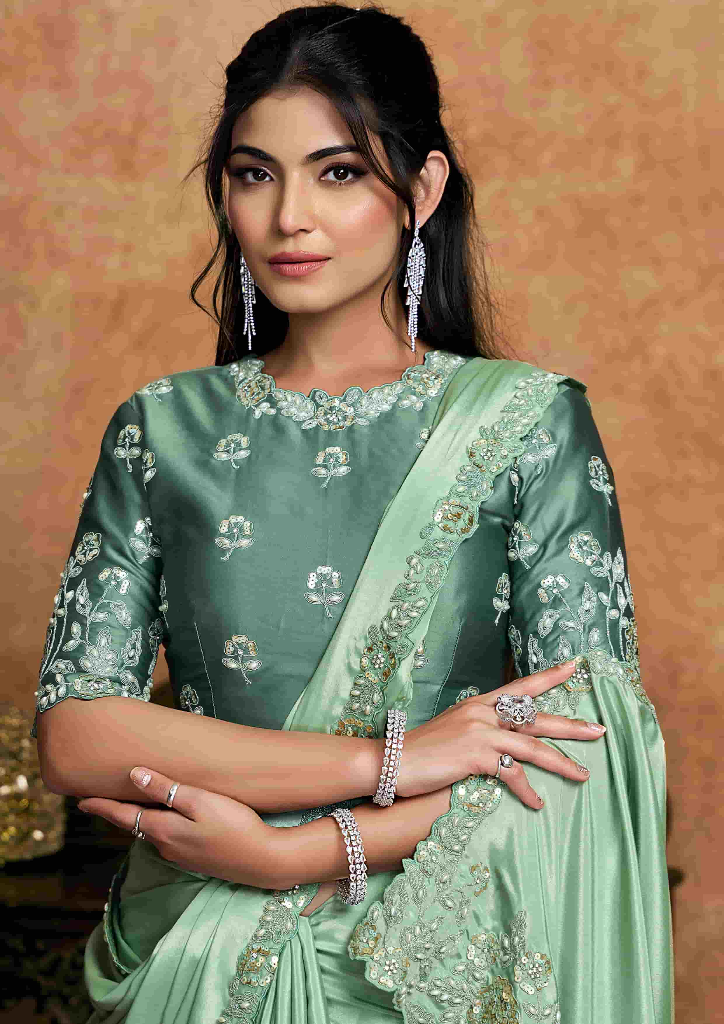 Blue Pure Crepe Satin Premium Fabric Work Party Wear Saree