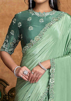 Blue Pure Crepe Satin Premium Fabric Work Party Wear Saree