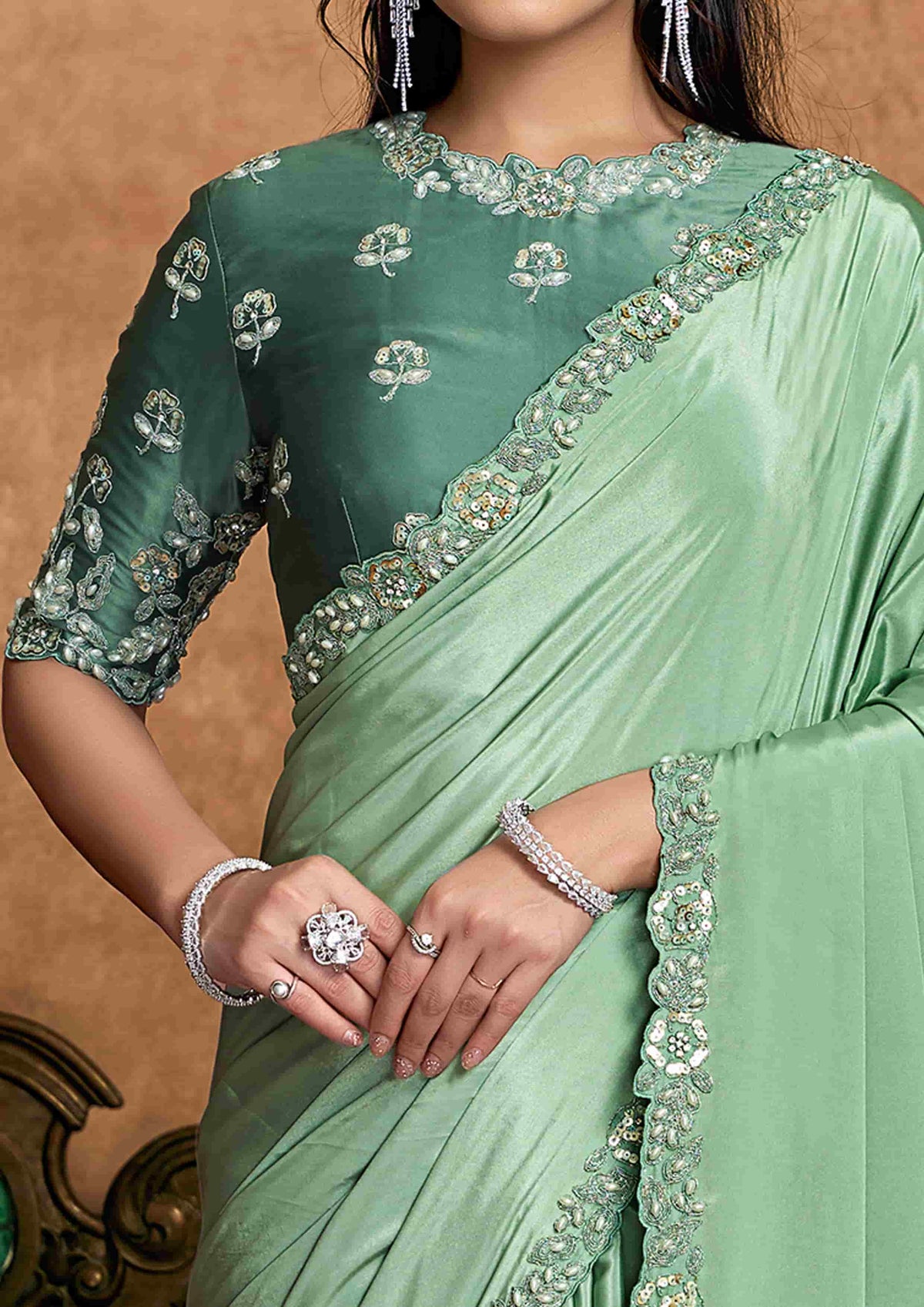 Blue Pure Crepe Satin Premium Fabric Work Party Wear Saree