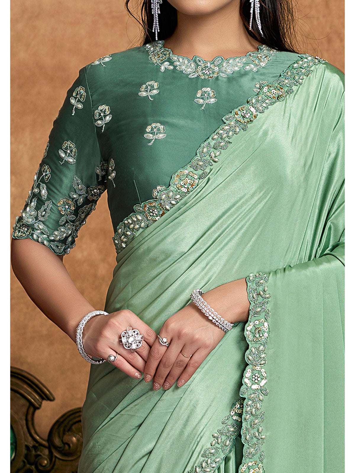 Pista Green Pure Crepe Satin Sequin Embroidered Saree