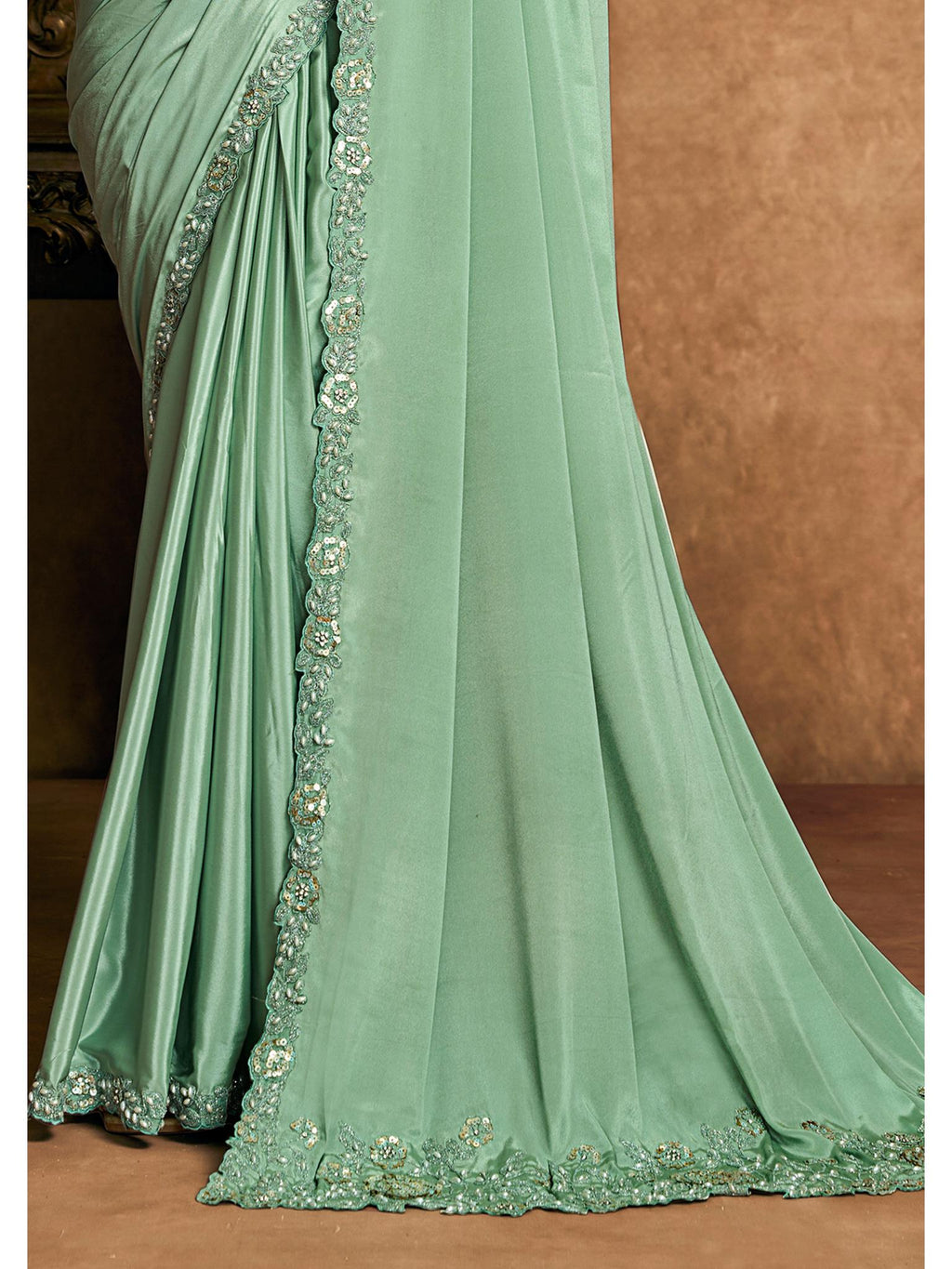 Pista Green Pure Crepe Satin Sequin Embroidered Saree