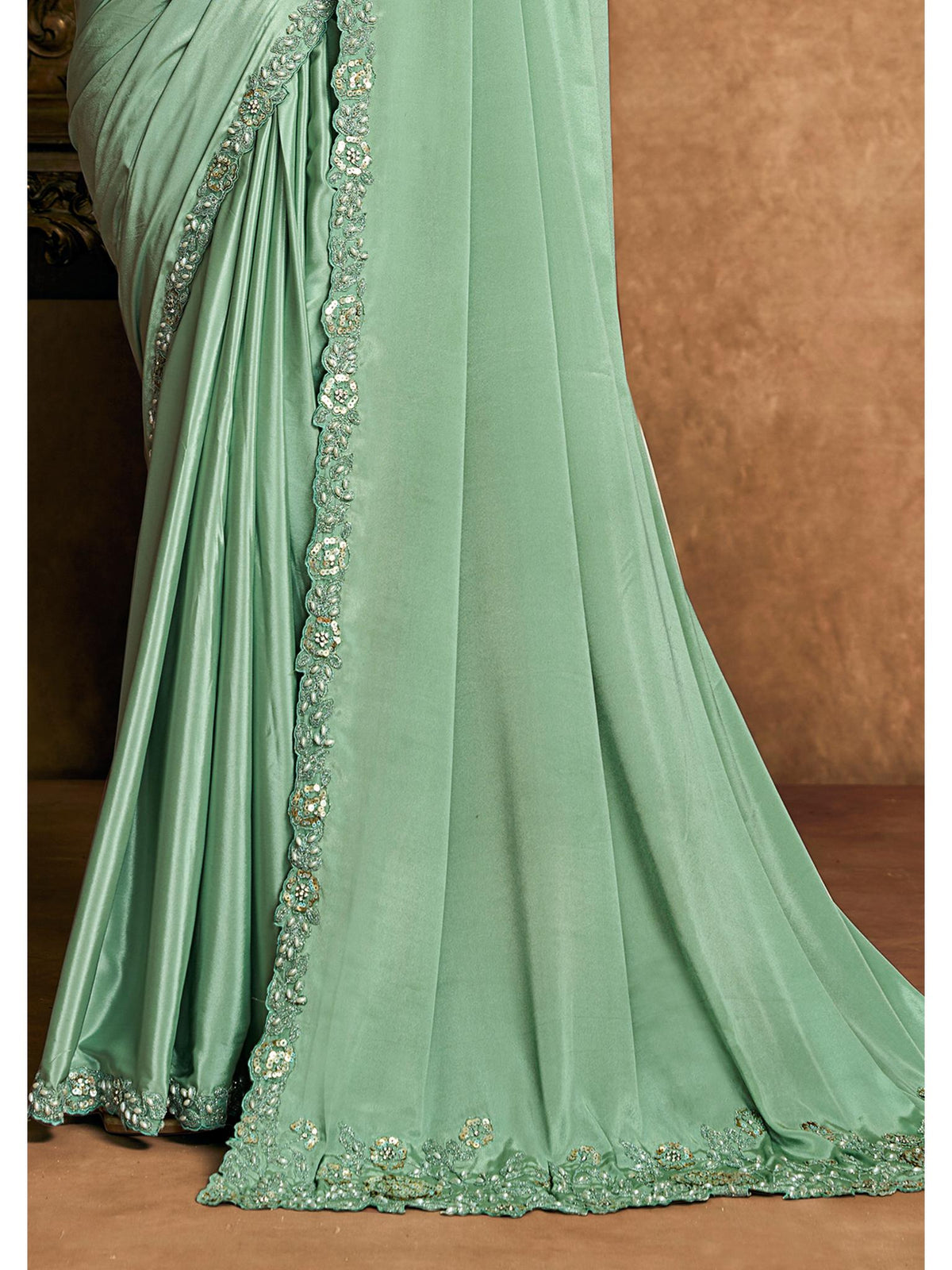 Pista Green Pure Crepe Satin Sequin Embroidered Saree